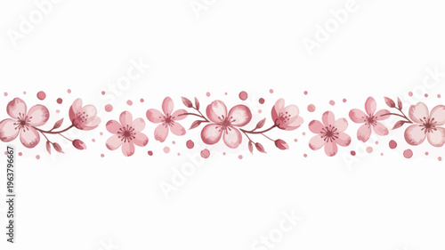 A delicate watercolor floral border showcases blossoming pink cherry branches with scattered petals against a clean white background high quality professional detailed modern elegant stylish crisp
