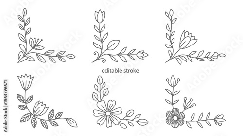 A collection of six delicate floral corner arrangements rendered in black and white line art offering versatile decorative elements high quality professional detailed modern elegant stylish