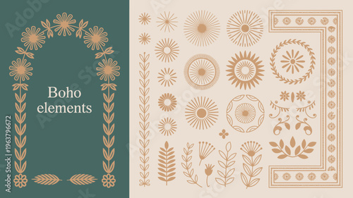 An assortment of delicate botanical illustrations and geometric shapes in muted orange tones adorn a teal and beige background high quality professional detailed modern elegant stylish