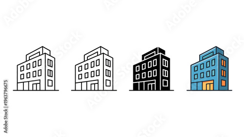 Four variations of a modern building outline are displayed progressing from white to black and finally to a blue color scheme high quality professional detailed elegant