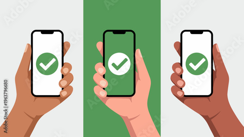 Three hands of varying skin tones each hold a smartphone displaying a circular green checkmark icon on the screen high quality professional detailed modern elegant stylish