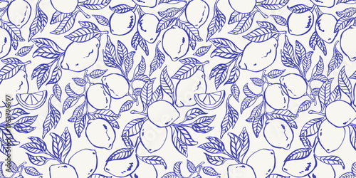 Seamless mediterranean lemon pattern with citrus fruits, leaves and branches in blue linework. Botanical surface with fresh Italian summer mood, elegant orchard motif for textiles and wrapping paper.