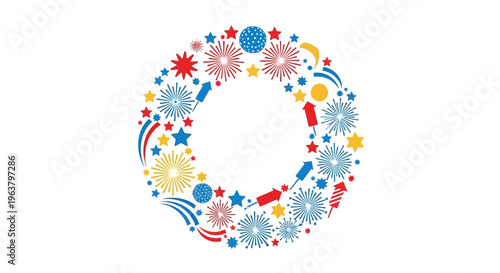 Colorful abstract shapes and symbols.