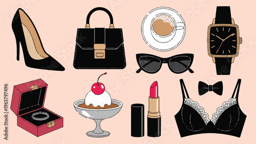 Iconic Fashion Items: An artistic collection of essential fashion accessories and lifestyle elements. Featuring a pair of high heels, a handbag, sunglasses, lipstick, an espresso, a wrist watch.