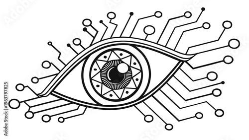 Digital eye icon with circuit board pattern, representing artificial intelligence, surveillance, technology, cybersecurity, and vision systems, line art