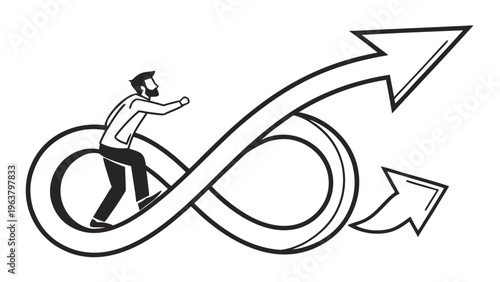 Business growth and progress, businessman riding infinity arrow symbol representing continuous improvement, endless opportunity, and forward motion, infinity loop, line art, black and white