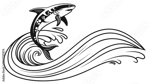 Dynamic shark jumping wave silhouette, aquatic action graphic illustration symbolizing power and the ocean