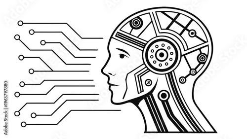Futuristic robotic head with digital circuits, abstract humanoid profile for AI, cyborg, and advanced technology concepts, artificial intelligence