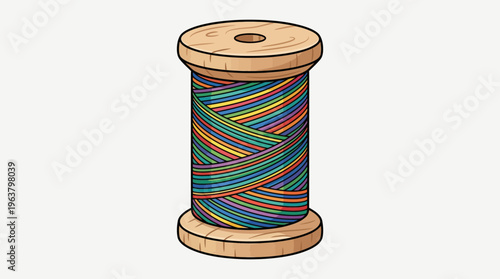 Wooden spool with rainbow colored sewing thread illustration isolated on white