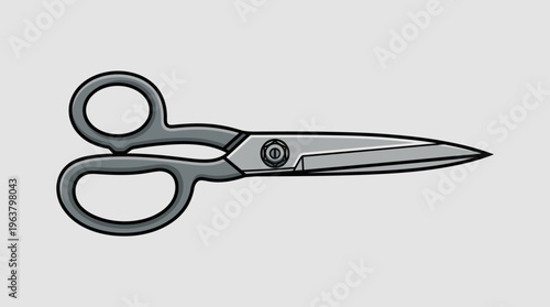 Sharp metal scissors with gray handles isolated on a gray background.