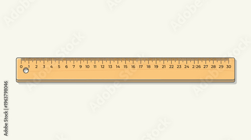A flat wooden ruler with centimeters and millimeters.