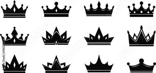 Flat vector crown icons illustration, black silhouette royal symbol design, luxury achievement artwork, prestige royalty concept, decorative emblem graphic element