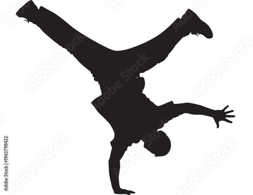 Silhouette of man doing handstand in black against in dynamic energetic lighting for dance or fitness Transparent Background