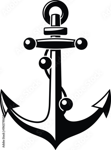 Flat vector anchor illustration, black and white nautical symbol design, maritime rope artwork, stability strength concept, sea navigation icon, classic marine element