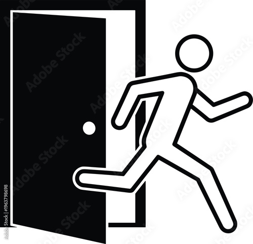 Flat vector emergency exit sign illustration, black and white running person icon, safety evacuation symbol, building escape design, security direction artwork
