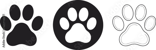 Flat vector paw print icons illustration, black and white animal footprint design, pet symbol artwork, wildlife track concept, decorative graphic element