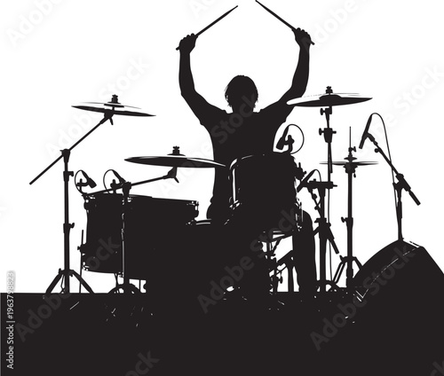 Drummer playing drums energetic silhouette black and for music industry Transparent Background