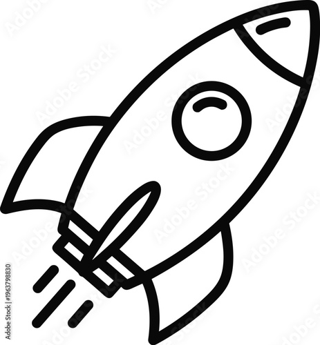 Flat vector rocket ship illustration, simple black and white line drawing, space exploration design, startup innovation concept, futuristic launch symbol artwork