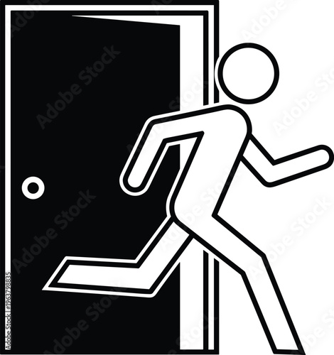 Flat vector emergency exit icon illustration, black and white running person symbol, safety evacuation artwork, building escape design, security direction concept