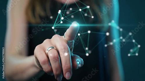 Wallpaper Mural Clean human hand subtly interacts with glowing futuristic teal network in abstract deep blue setting, triggering ethereal data transmission. Concept of seamless technology integration Torontodigital.ca