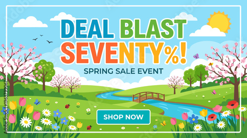 Spring Sale Advertisement Deal Blast with Blooming Landscape