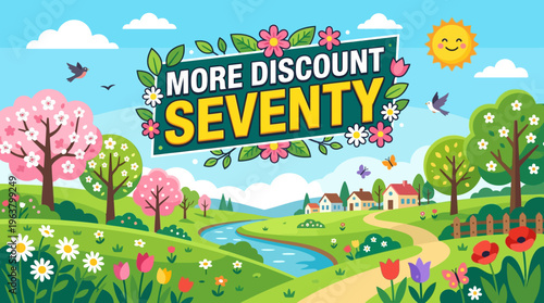 Spring Discount Banner with Sunny Landscape