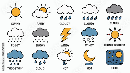 A collection of colorful weather icons depicts various atmospheric conditions including sun clouds rain snow and thunderstorms high quality professional detailed modern elegant stylish clean crisp