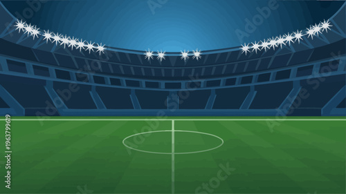 An illustration depicts an empty stadium with bright lights illuminating the field suggesting a nighttime sporting event is about to begin high quality professional detailed modern
