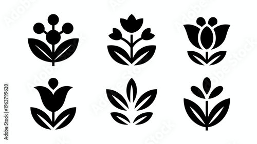 A minimalist black and white illustration depicts six distinct floral or leaf like designs arranged in a grid like pattern high quality professional detailed modern elegant