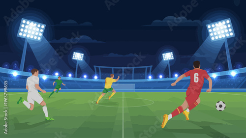 A vibrant illustration depicts a soccer game in progress under bright stadium lights showcasing players in action on a green field high quality professional detailed modern