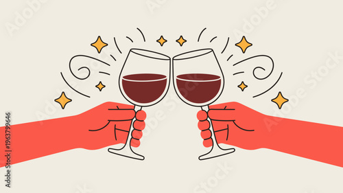Two red wine glasses clink together in a toast held by hands with swirling lines and golden star decorations high quality professional detailed modern elegant stylish