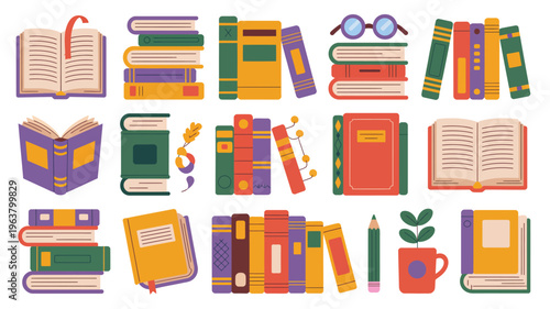 A colorful arrangement of open and closed books glasses a quill a mug and small plants creates a charming study aesthetic high quality professional detailed modern