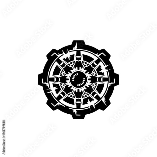 Abstract stylized gear with a radiating pattern and fragmented edges suggesting technological innovation and complex mechanics
