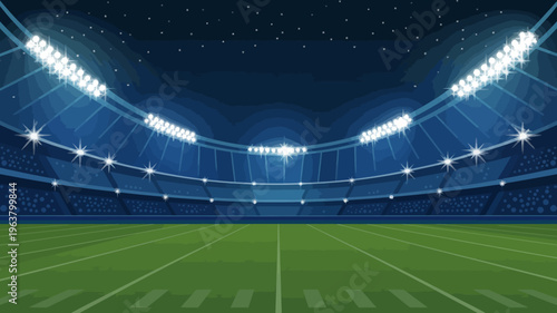An illustration depicts a brightly lit football stadium at night complete with tiered seating and a vibrant green field high quality professional detailed modern elegant stylish