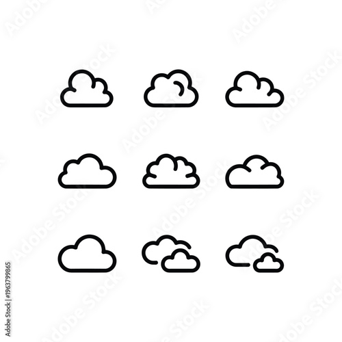 Simple line art illustration of nine different cloud formations