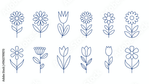 A collection of simple blue line art illustrations depicts various flower types with stems and leaves arranged in rows high quality professional detailed modern elegant stylish