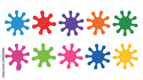 A vibrant collection of colorful starburst shaped splatters are arranged in two rows against a clean white background high quality professional detailed modern elegant stylish crisp