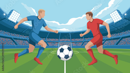An illustration depicts two soccer players facing off preparing to compete for the ball on a vibrant green field high quality professional detailed modern elegant stylish