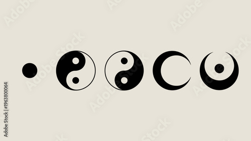 A sequence of yin and yang symbols demonstrates a gradual transformation evolving from a simple dot to a complete circle high quality professional detailed modern elegant