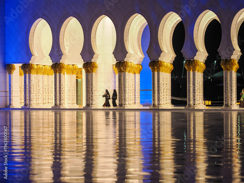 Sheikh Zayed Grand Mosque colonnade reflection copy space