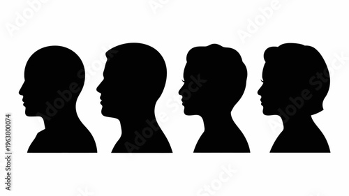 A series of four black silhouettes depict human profiles in side view showcasing varying hairstyles and facial structures high quality professional detailed modern elegant stylish clean