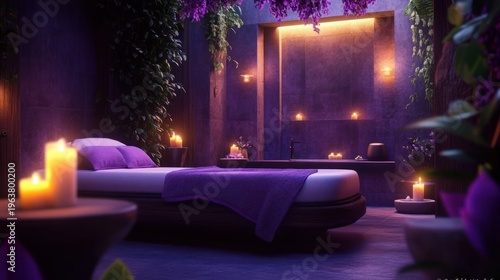 cozy purple-lit spa bedroom with candles, plush bed and blanket, indoor plants and hanging flowers beside a bathtub, warm soft glow and peaceful relaxing atmosphere