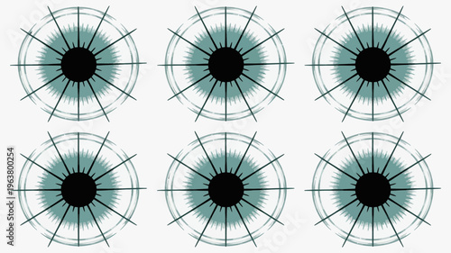 A repeating pattern displays six stylized human eyes each with a dark pupil and radiating teal colored iris lines on a white background high quality professional