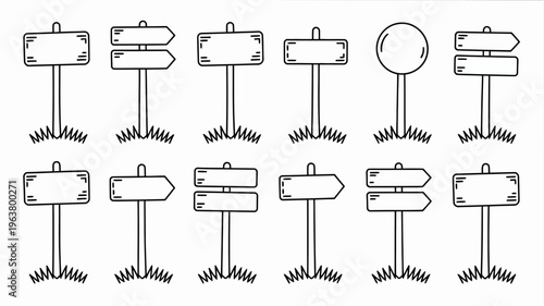 A collection of various black and white signpost and directional arrow illustrations presented in a simple sketch like style high quality professional detailed modern elegant stylish