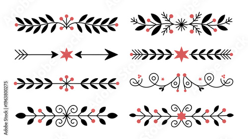 A collection of decorative floral and botanical elements including branches leaves and berries arranged in dividers and arrows high quality professional detailed modern elegant stylish clean