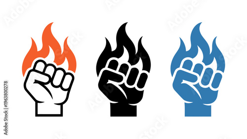 Three clenched fists are depicted each rendered in a different color scheme orange black and blue symbolizing power high quality professional detailed modern elegant stylish clean