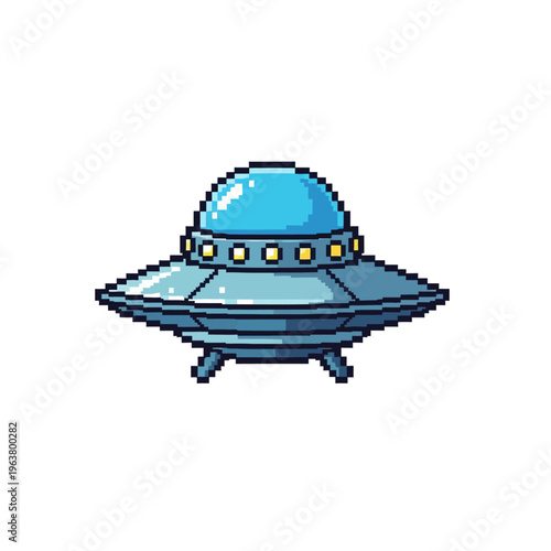 pixel art ufo flying saucer graphic for retro sci-fi game design or digital illustration isolated on white background