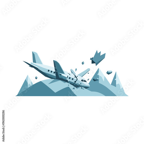 plane crash and airplane accident wreckage in a snowy mountain disaster scene illustrating emergency search and rescue challenges.