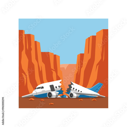 plane crash airplane accident a broken plane wreckage in a desert canyon under blue sky illustrated in flat design style.