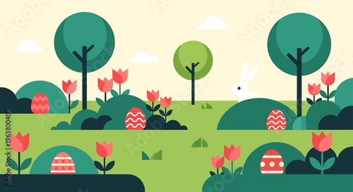a modern flat design easter egg hunt with a cute easter bunny and colorful eggs in a festive spring landscape.